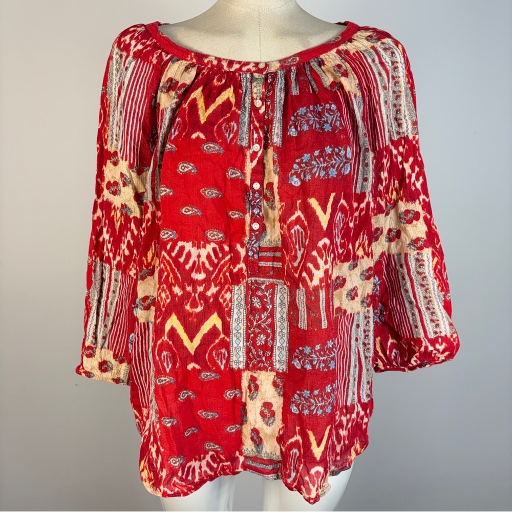 Chaps Denim Women's L Red Patchwork Print Peasant Blouse Top